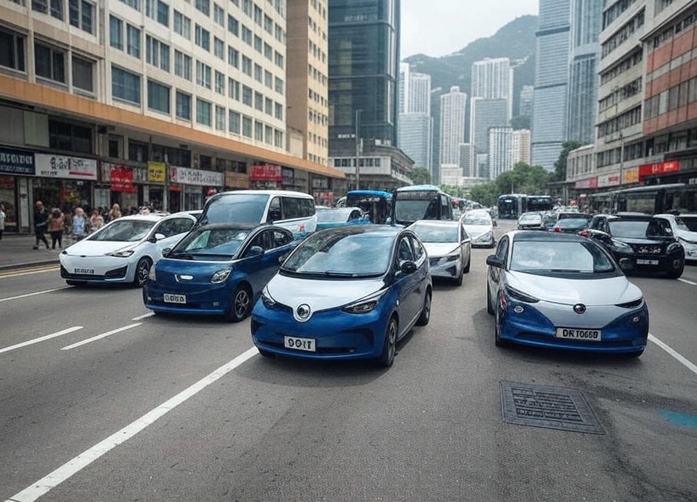 A row of electric vehicles, including BYD, Tesla, and Zeekr models, are parked and driving in a busy urban street in Hong Kong surrounded by tall buildings and pedestrians.